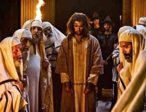 Jesus (Diogo Morgado) on trial with the Pharisees (Joe Alblas / © 2013 LightWorkers Media & Hearst Productions)